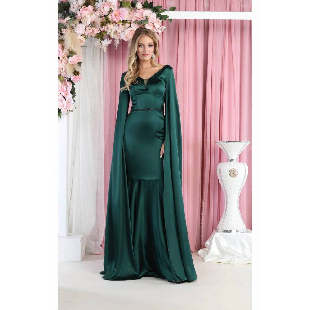 NEW ROYAL QUEEN v-neck cape sleeve mermaid formal evening dress in hunter green